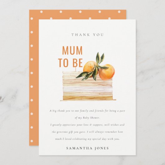 エレガントでかわいいボヘミアオレンジ フルーツケーキ ベビーシャワー サンキューカード (正面/裏面)