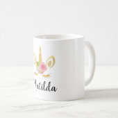 エレガントでかわいくかわいらしい花の金ゴールドのグリッターのユニコーン コーヒーマグカップ (正面右)