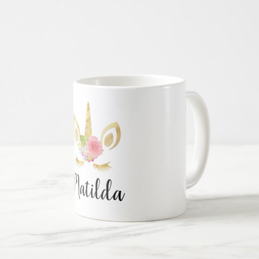 エレガントでかわいくかわいらしい花の金ゴールドのグリッターのユニコーン コーヒーマグカップ (正面右)