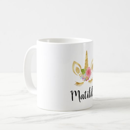 エレガントでかわいくかわいらしい花の金ゴールドのグリッターのユニコーン コーヒーマグカップ (正面左)