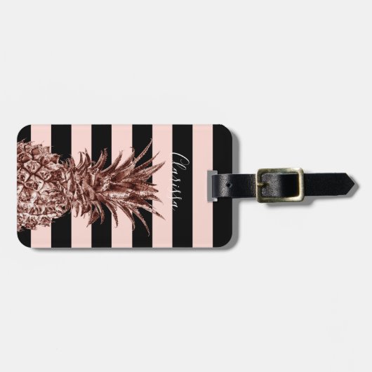 エレガントでかわいらしいばら色の金ゴールドのパイナップル及びピンクのストライブ柄 ラゲッジタグ (正面横)