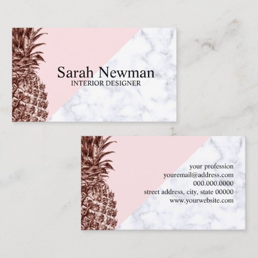 エレガントでかわいらしいばら色の金ゴールドのパイナップル白の大理石 名刺 (正面/裏面)