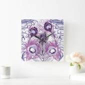 エレガントでかわいらしい紫色の孔雀の羽のデザイン スクエア壁時計 (ホーム)