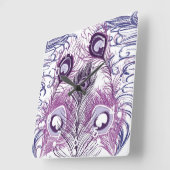 エレガントでかわいらしい紫色の孔雀の羽のデザイン スクエア壁時計 (傾斜)