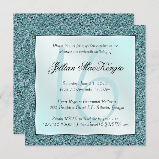 エレガントできらめくなティール（緑がかった色）の菓子16のグリッターの招待 招待状 (正面/裏面)