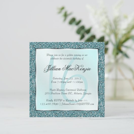 エレガントできらめくなティール（緑がかった色）の菓子16のグリッターの招待 招待状 (スタンド正面)