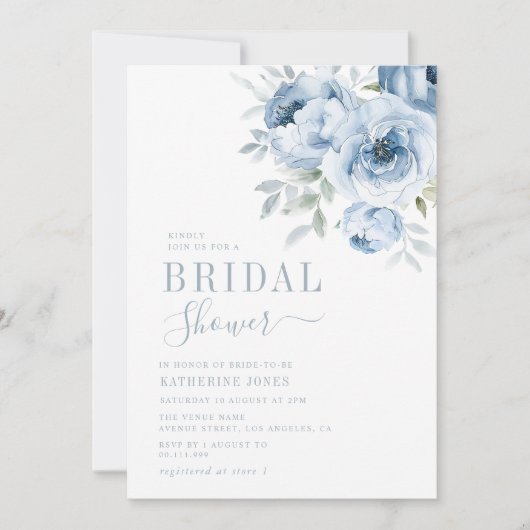エレガントでほこりっぽい青い花のブライダルシャワー 招待状 (正面)
