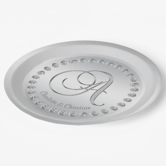 エレガントでカスタムなダイヤモンドの銀のモノグラムの結婚式 ペーパープレート (アングル)