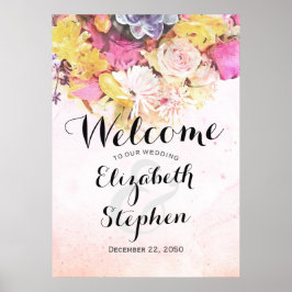 エレガントでカラフルな水彩花の結婚式ウェルカムサイン ポスター