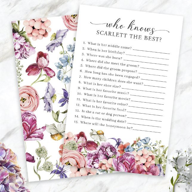 エレガントでカラフルな花柄の花嫁当てゲーム (Elegant Colorful Jewel Tone Floral Who Knows The Bride  Best Game by Painted Paperie
)
