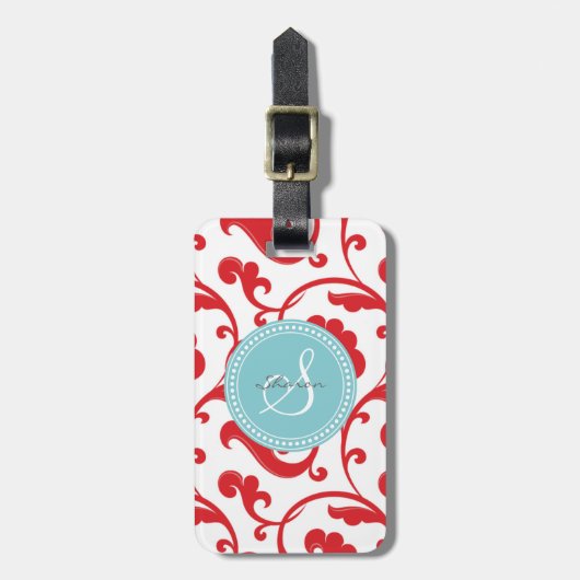エレガントでガーリーで赤い花パターンモノグラム ラゲッジタグ (正面縦)