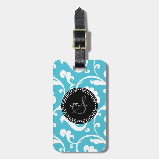 エレガントでガーリーで青く白い花パターンモノグラム ラゲッジタグ (正面縦)
