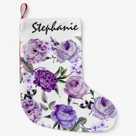 エレガントでガーリーなすみれ色の薄紫の紫色の花 スモールクリスマスストッキング (正面)