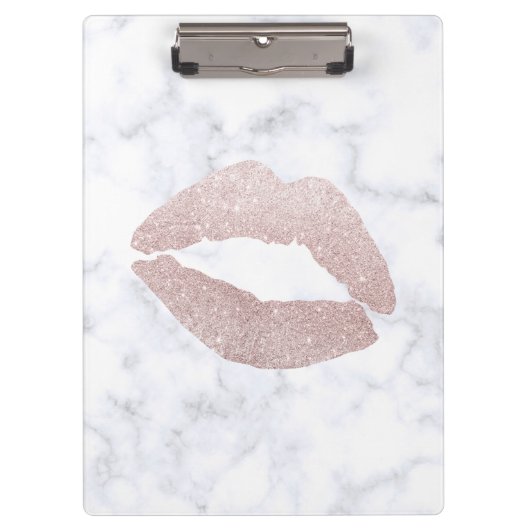 エレガントでガーリーなばら色の金ゴールドのグリッターの唇の白の大理石 クリップボード (正面)