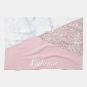 エレガントでガーリーなばら色の金ゴールドのグリッターの白い大理石のピンク キッチンタオル