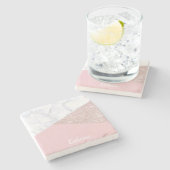 エレガントでガーリーなばら色の金ゴールドのグリッターの白い大理石のピンク ストーンコースター (横)