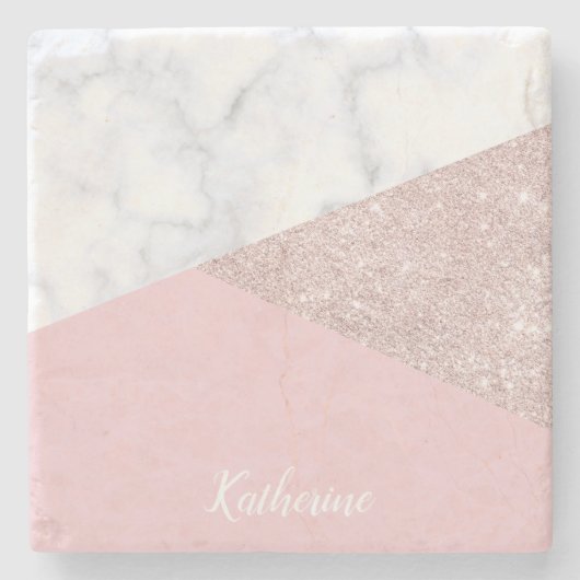 エレガントでガーリーなばら色の金ゴールドのグリッターの白い大理石のピンク ストーンコースター (正面)