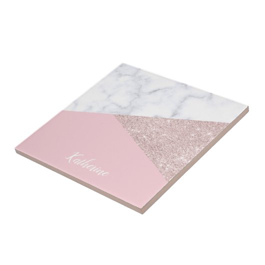 エレガントでガーリーなばら色の金ゴールドのグリッターの白い大理石のピンク タイル (側面)