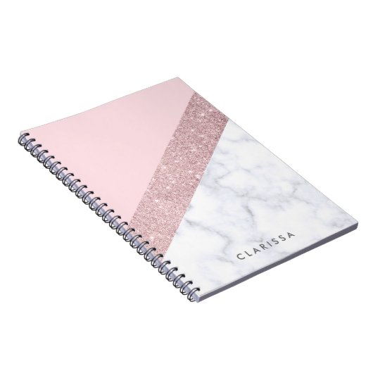 エレガントでガーリーなばら色の金ゴールドのグリッターの白い大理石のピンク ノートブック (右側)