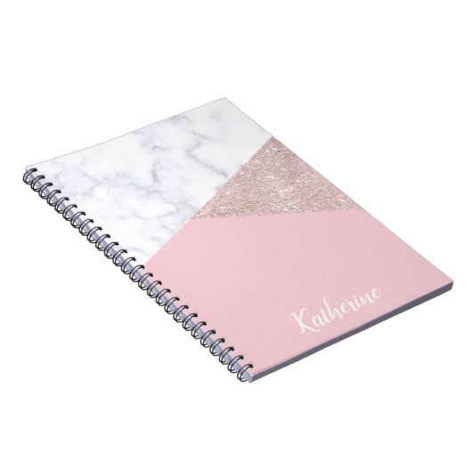 エレガントでガーリーなばら色の金ゴールドのグリッターの白い大理石のピンク ノートブック (右側)