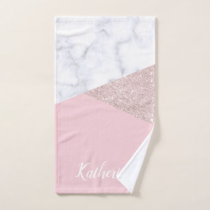 エレガントでガーリーなばら色の金ゴールドのグリッターの白い大理石のピンク バスタオルセット