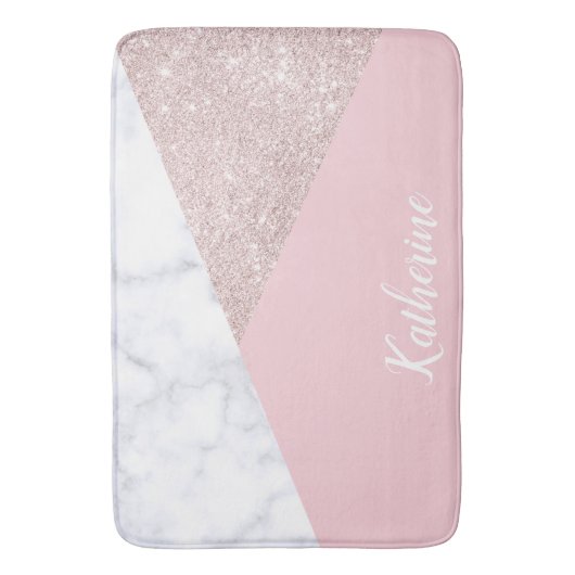 エレガントでガーリーなばら色の金ゴールドのグリッターの白い大理石のピンク バスマット (正面縦)