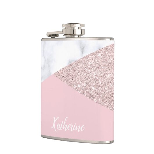 エレガントでガーリーなばら色の金ゴールドのグリッターの白い大理石のピンク フラスク (左)