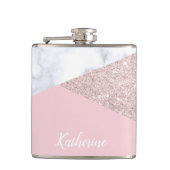 エレガントでガーリーなばら色の金ゴールドのグリッターの白い大理石のピンク フラスク (正面)