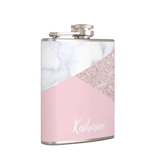 エレガントでガーリーなばら色の金ゴールドのグリッターの白い大理石のピンク フラスク (右)