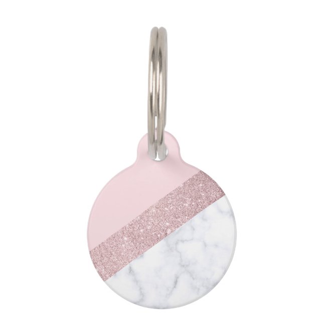 エレガントでガーリーなばら色の金ゴールドのグリッターの白い大理石のピンク ペット　ネームタグ (正面)