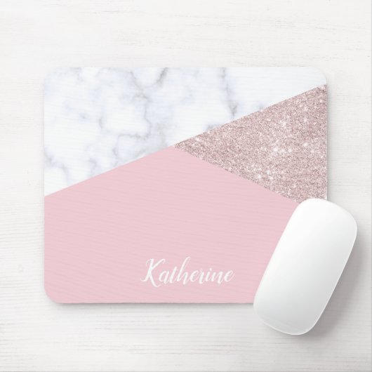 エレガントでガーリーなばら色の金ゴールドのグリッターの白い大理石のピンク マウスパッド (マウス)