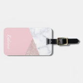 エレガントでガーリーなばら色の金ゴールドのグリッターの白い大理石のピンク ラゲッジタグ (正面横)