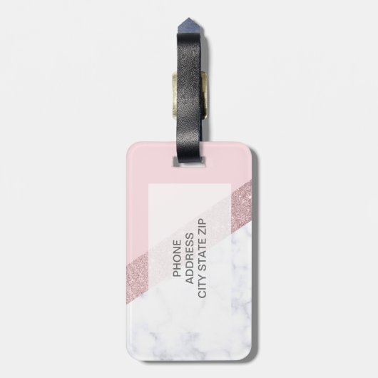 エレガントでガーリーなばら色の金ゴールドのグリッターの白い大理石のピンク ラゲッジタグ (裏面縦)