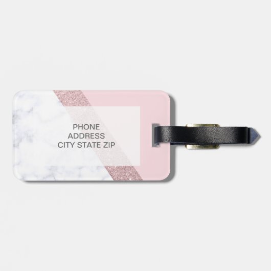 エレガントでガーリーなばら色の金ゴールドのグリッターの白い大理石のピンク ラゲッジタグ (裏面横)