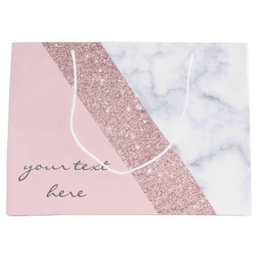 エレガントでガーリーなばら色の金ゴールドのグリッターの白い大理石のピンク ラージペーパーバッグ (正面)