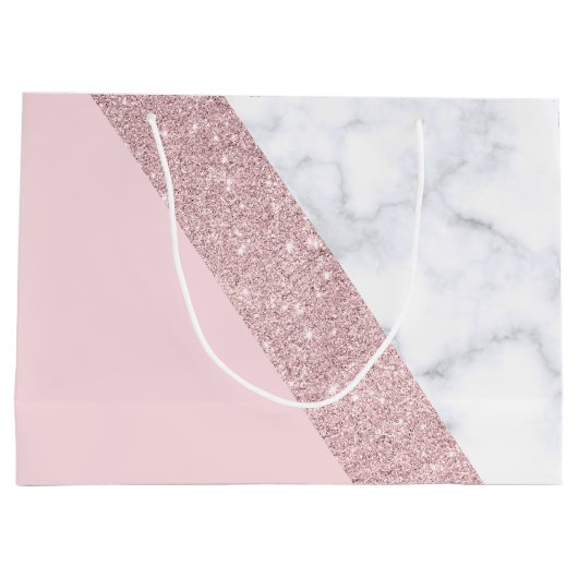エレガントでガーリーなばら色の金ゴールドのグリッターの白い大理石のピンク ラージペーパーバッグ (裏面)