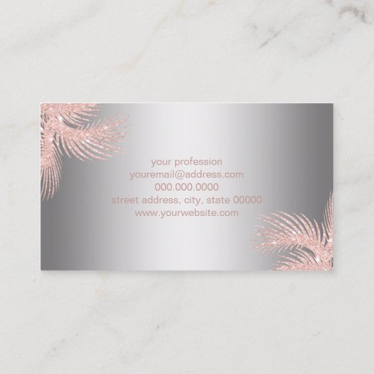 エレガントでガーリーなばら色の金ゴールドのグリッターの銀のやし化粧 名刺 (裏面)