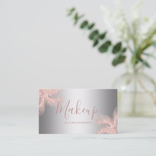 エレガントでガーリーなばら色の金ゴールドのグリッターの銀のやし化粧 名刺 (スタンド正面)