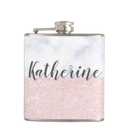 エレガントでガーリーなばら色の金ゴールドのグリッター及び白い大理石 フラスク