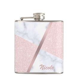 エレガントでガーリーなばら色の金ゴールドのグリッター及び白い大理石 フラスク