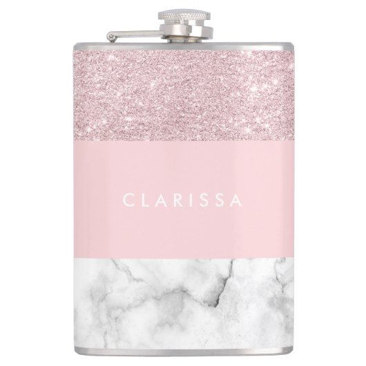 エレガントでガーリーなばら色の金ゴールドのグリッター及び白い大理石 フラスク (正面)