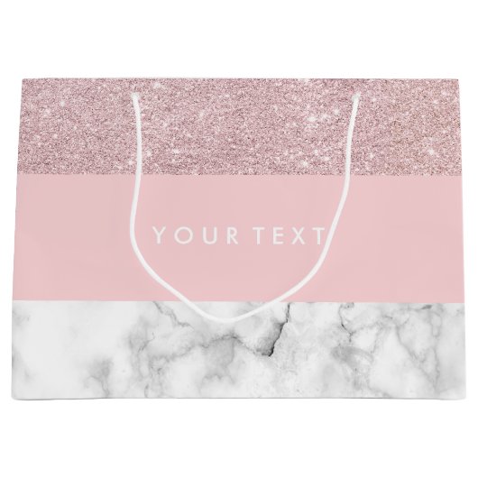 エレガントでガーリーなばら色の金ゴールドのグリッター及び白い大理石 ラージペーパーバッグ (正面)