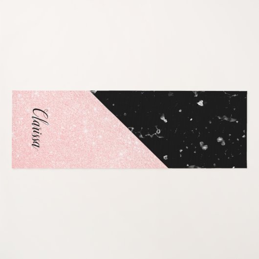 エレガントでガーリーなばら色の金ゴールドのグリッター及び黒い大理石 ヨガマット (正面(横))