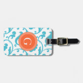 エレガントでガーリーなティール(緑がかった色)青い花パターンモノグラム ラゲッジタグ (正面横)