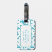 エレガントでガーリーなティール(緑がかった色)青い花パターンモノグラム ラゲッジタグ (裏面縦)
