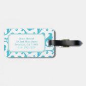 エレガントでガーリーなティール(緑がかった色)青い花パターンモノグラム ラゲッジタグ (裏面横)