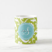 エレガントでガーリーな緑の花パターンモノグラム コーヒーマグカップ (中央)