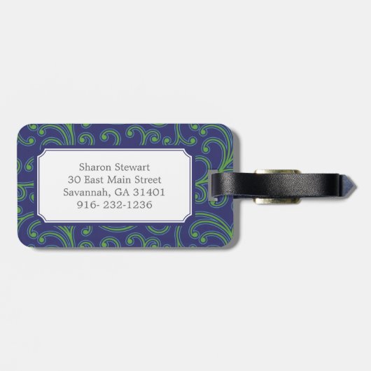 エレガントでガーリーな青緑の花パターンモノグラム ラゲッジタグ (裏面横)