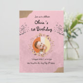エレガントでキュートなピンクの1歳誕生日パーティー 招待状 (スタンド正面)
