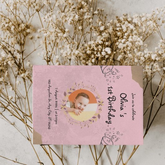 エレガントでキュートな1歳の誕生日パーティー 招待状